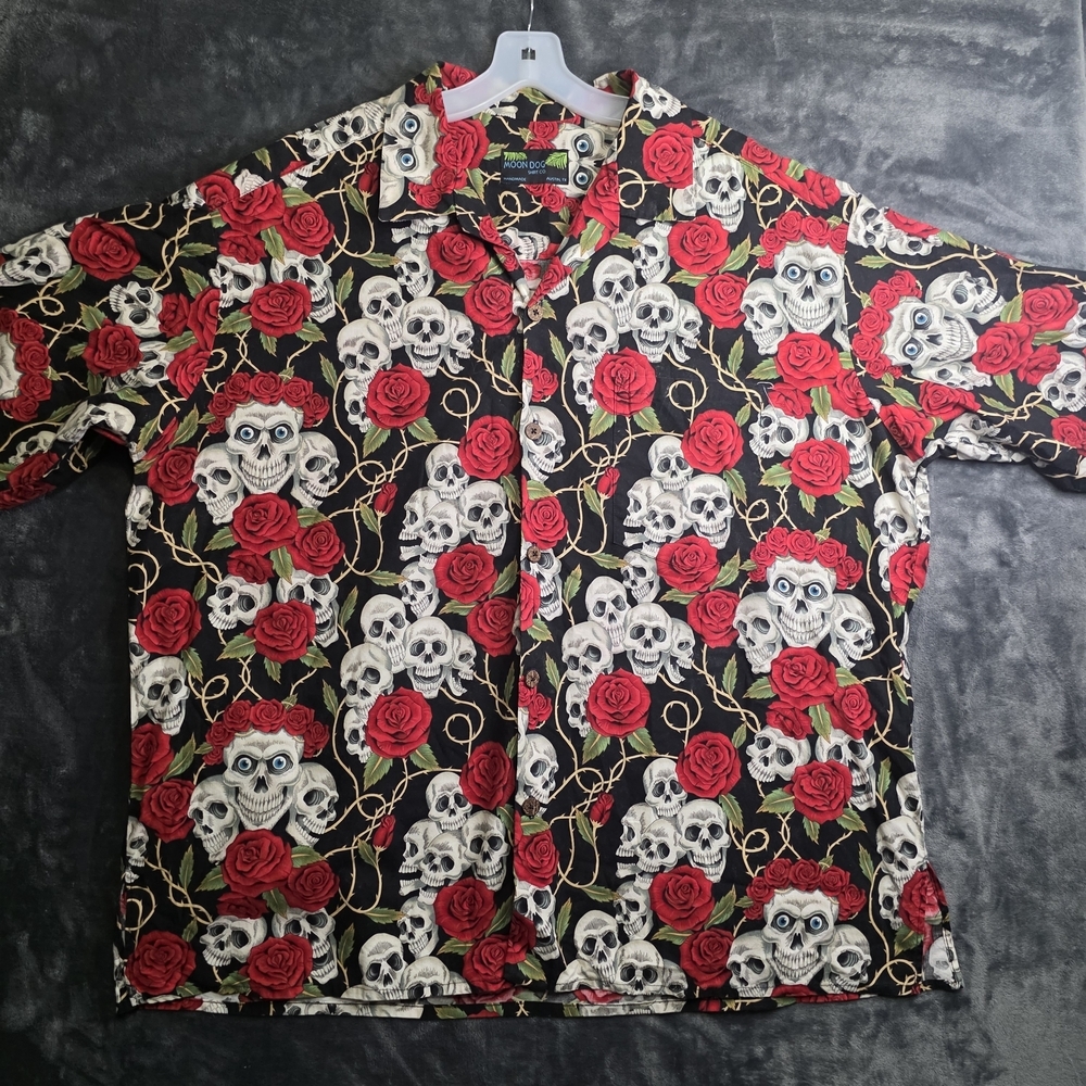 Moon Dog Shirt Co. Skulls and Roses Hawaiian Button Up Shirt Austin Texas XXL